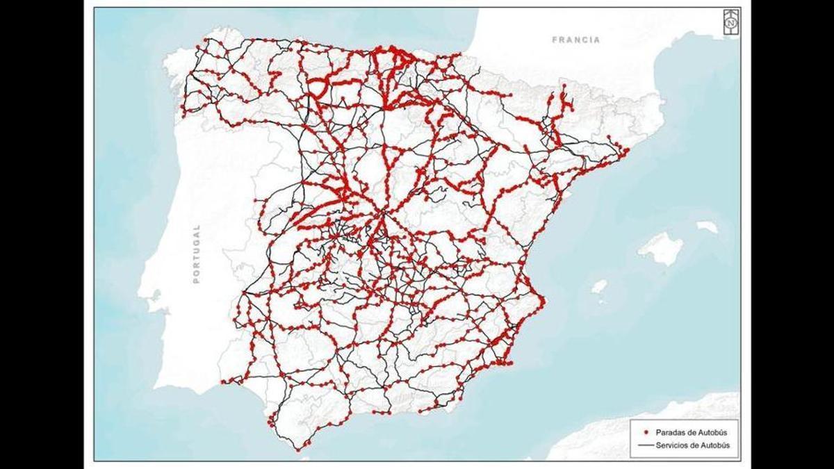 Mapa on apareixen tots els corredors d'autobusos de la Península.