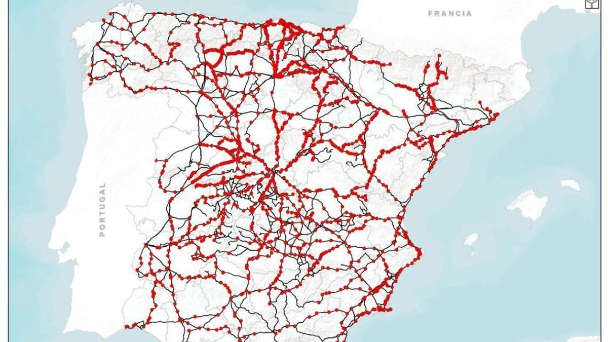 Mapa on apareixen tots els corredors d'autobusos de la Península.