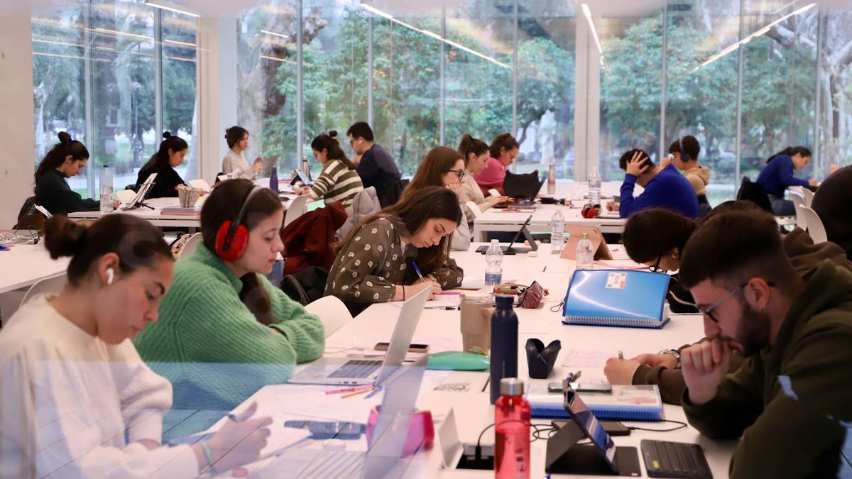 Estudiantes en la biblioteca Grupo Cántico de Córdoba, en su primer día de apertura.