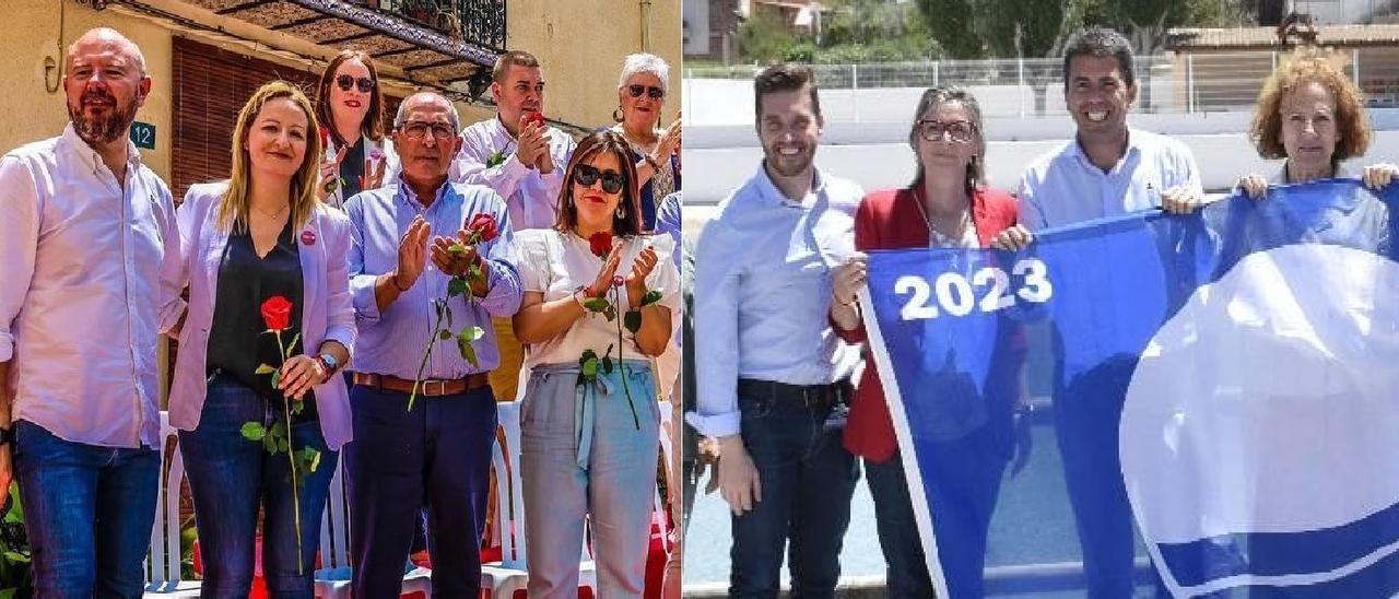 A la izquierda, Toni Gaspar junto a la candidatura del PSPV de Anna; a la derecha, Carlos Mazón con las alcaldesas de Navarrés y Enguera yel candidato del PP de Anna.