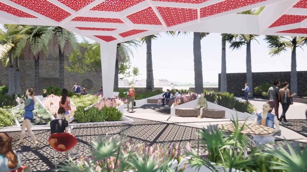 Infografía de la zona de ocio y restauración prevista en la entrada del Palmétum, en Santa Cruz de Tenerife.