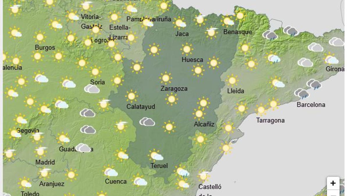 Previsión de la Aemet para este sábado en la comunidad de Aragón, con aviso amarillo por tormentas en Teruel.