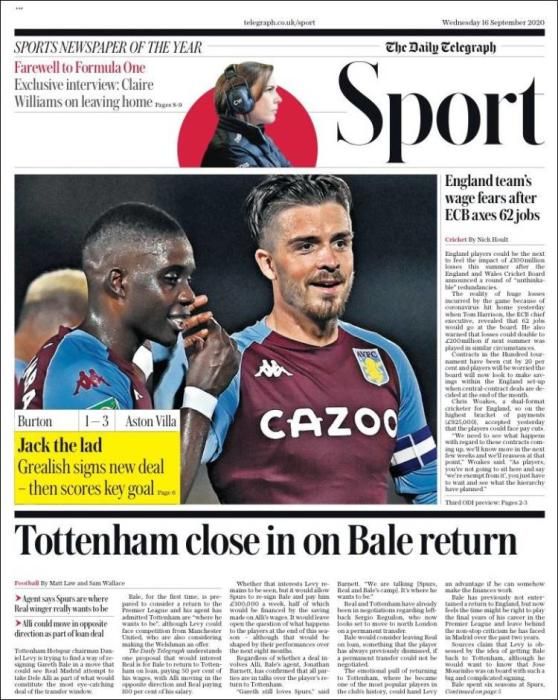 Portada TELEGRAPH SPORT miércoles 16/09/2020