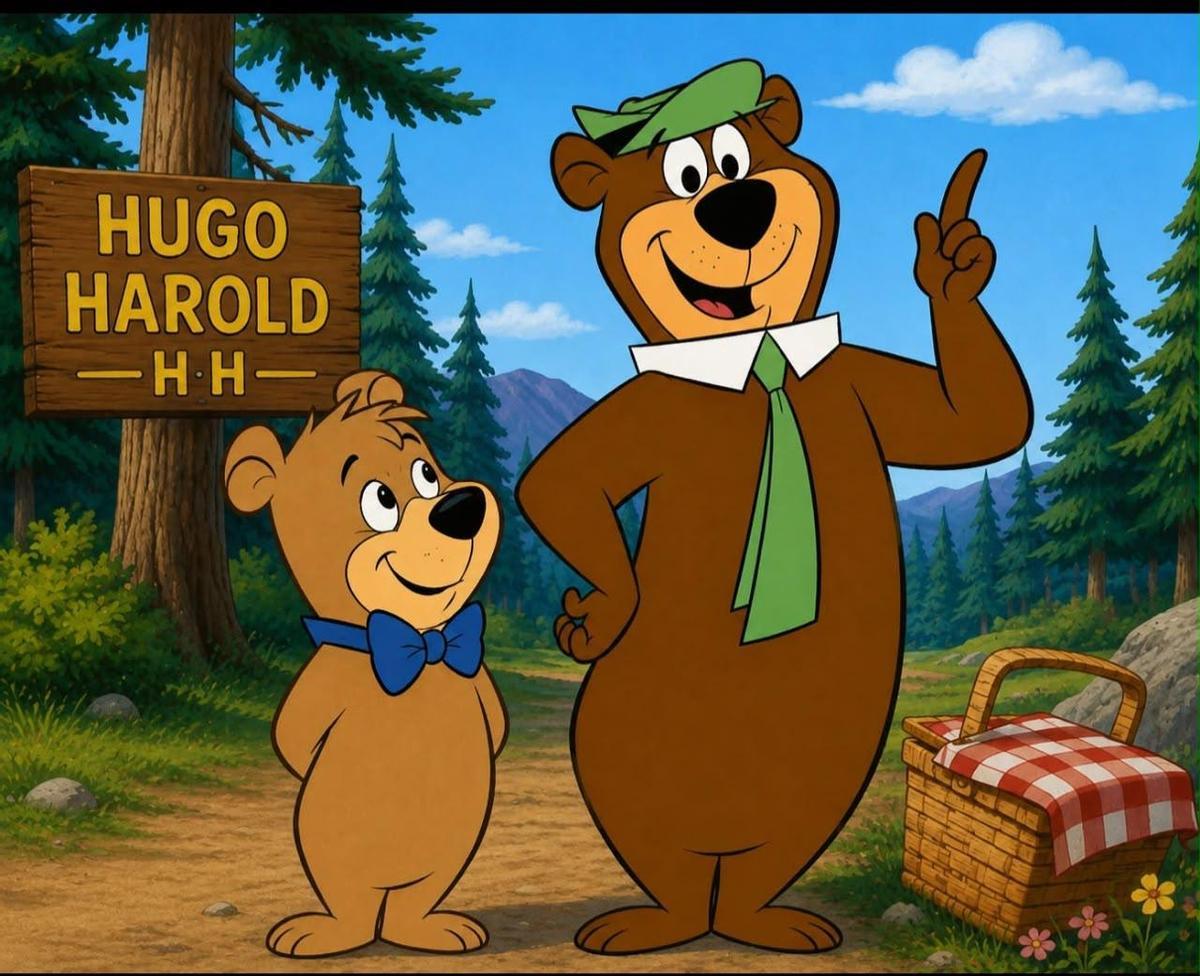 Montaje jocoso con una imagen del clásico de Hanna-Barbara con Yogui y Bubú, con los nombres de tío y sobrino al fondo.