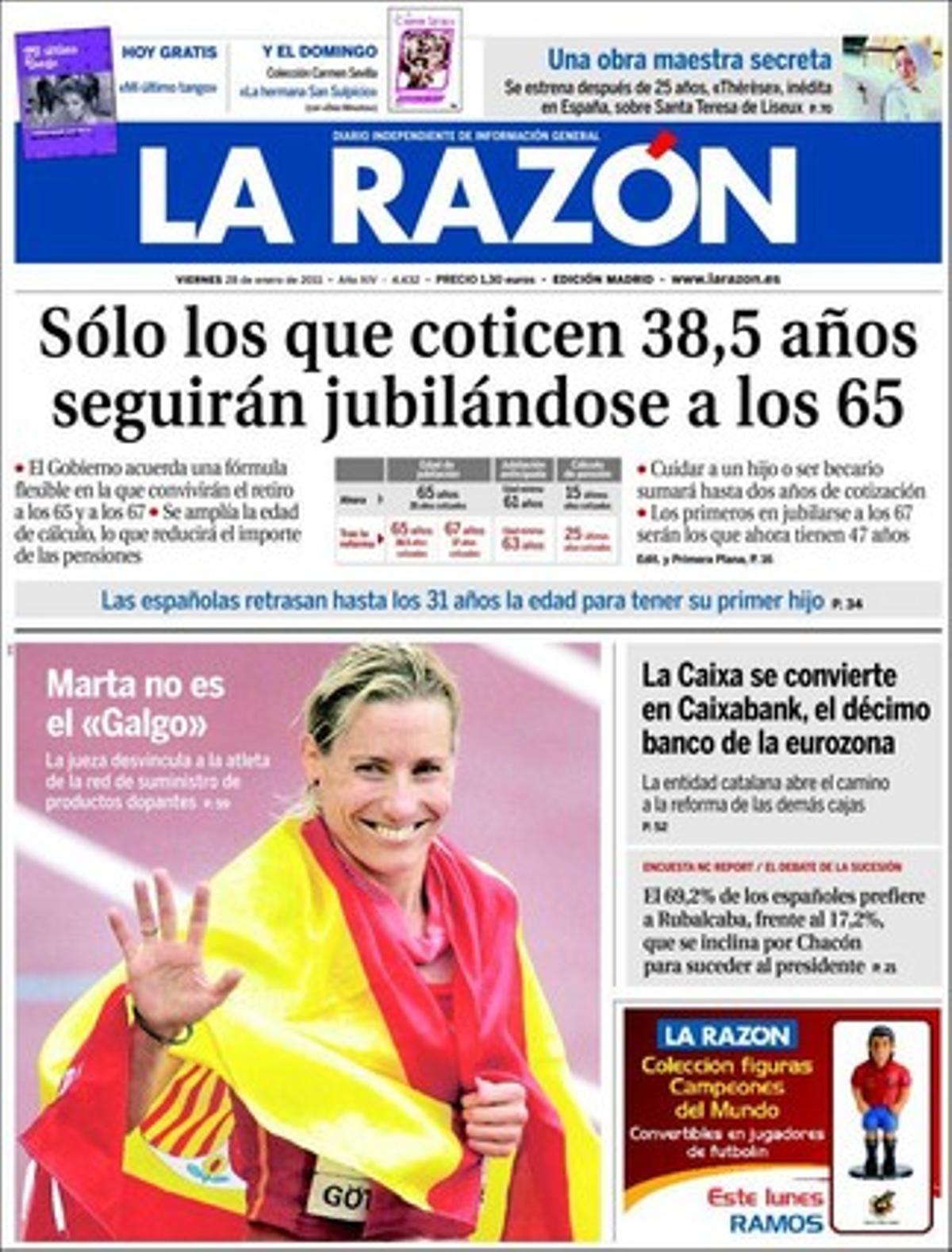 ’La Razón’ destaca també a dins que el PSOE --molest per veure publicada la reflexió personal de Ramón Jáuregui-- avala la pressió sobre José Luis Rodríguez Zapatero perquè aclareixi el seu futur abans del maig, i que els Mossos avorten la resposta a la ’desokupació’ de Via Laietana.