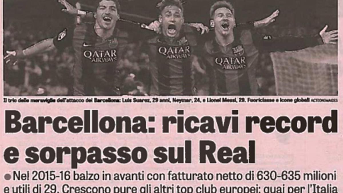 La Gazzetta dello Sport destaca el 'sorpasso' económico del Barça sobre el Real Madrid