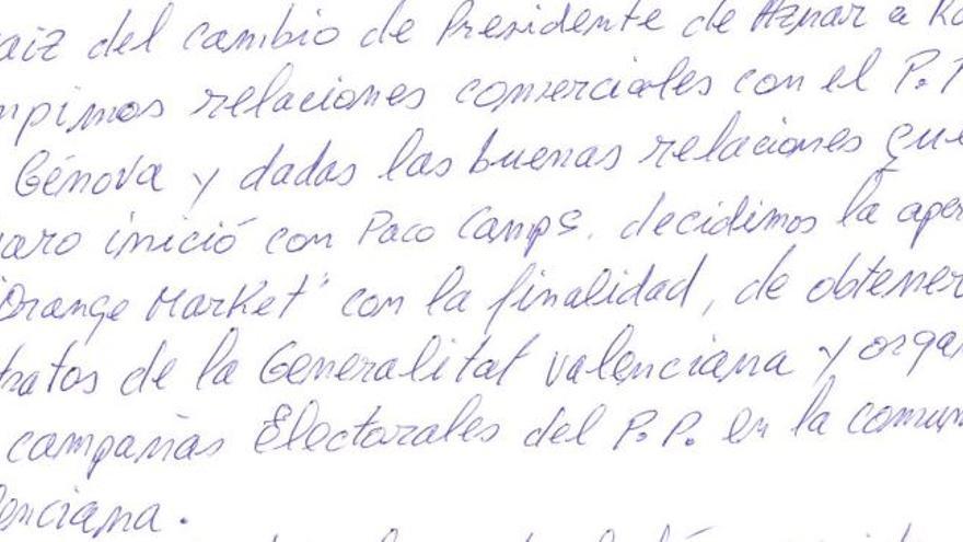 Fragmento de la carta de Francisco Correa donde relata por qué creó Orange Market en València.