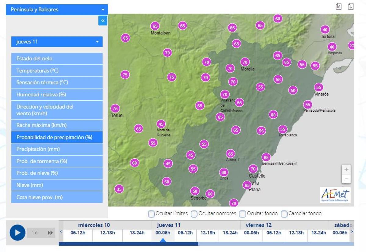 Probabilidad de lluvia en Castellón el jueves entre las 0.00 y las 6.00 horas.
