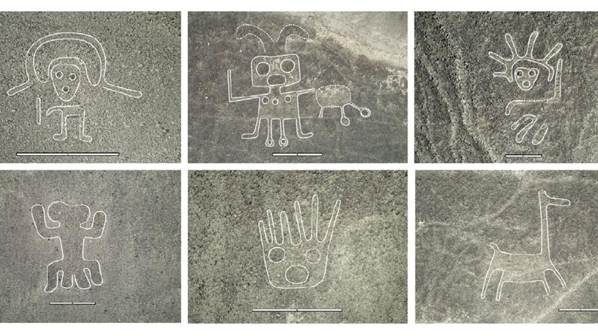 Algunas de las figuras de Nazca recién descubiertas en el altiplano peruano.