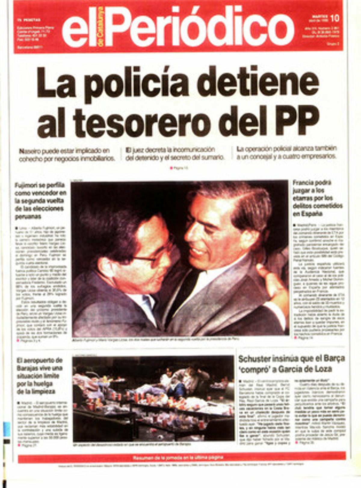 La policia deté el tresorer del PP. Naseiro pot estar implicat en suborn per negocis immobiliaris. Portada publicada el 10 d’abril de 1990.