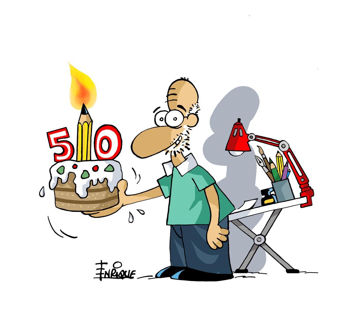 Dibujo de Enrique con motivo del cincuenta aniversario de la primera viñeta publicada en INFORMACIÓN