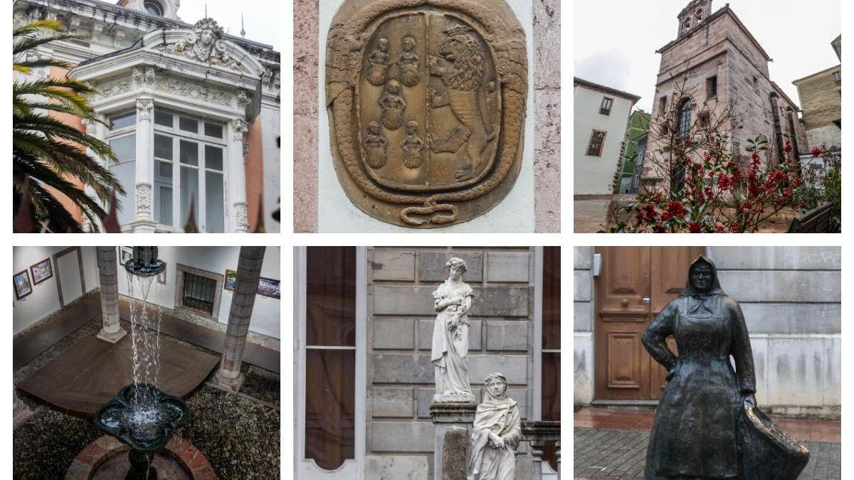 Arriba, detalle del palacio indiano de El Capitolio, del escudo del palacio Miranda-Valdecarzana y vista de la Capilla de Los Dolores. En la parte inferior, patio de la Casa de Cultura, estatua del palacete de Cimadevilla y escultura de La Muyerina.