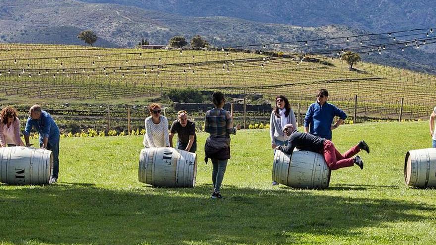 Una activitat de jocs tradicionals empenyent barrils a l&#039;exterior del celler Martín Feixó durant el Vívid del 2019.