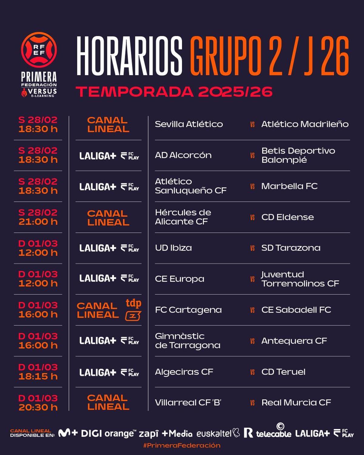 Horarios y televisión fprogramados para la jornada 26 en Primera RFEF dentro de su grupo 2.