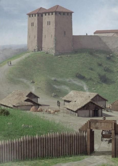 Recreación en 3D del acceso al Castillo de Gauzón, con sus dos grandes torreones. | Pablo Aparicio