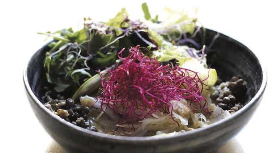 Ensalada de lentejas con chucrut, brotes de remolacha y vinagreta de lima