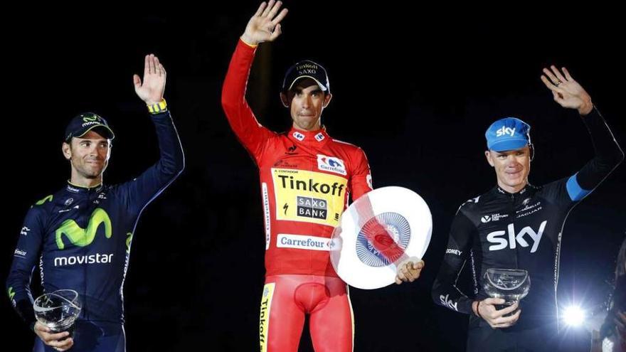 Contador en lo más alto del podio de la Vuelta de 2014.