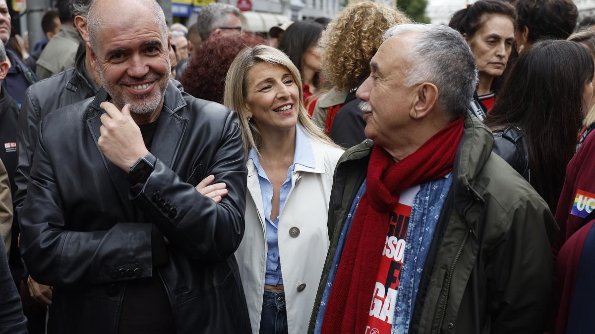 Unai Sordo, Yolanda Díaz y Pepe Álvarez, hoy en la manifestación del 1 de Mayo