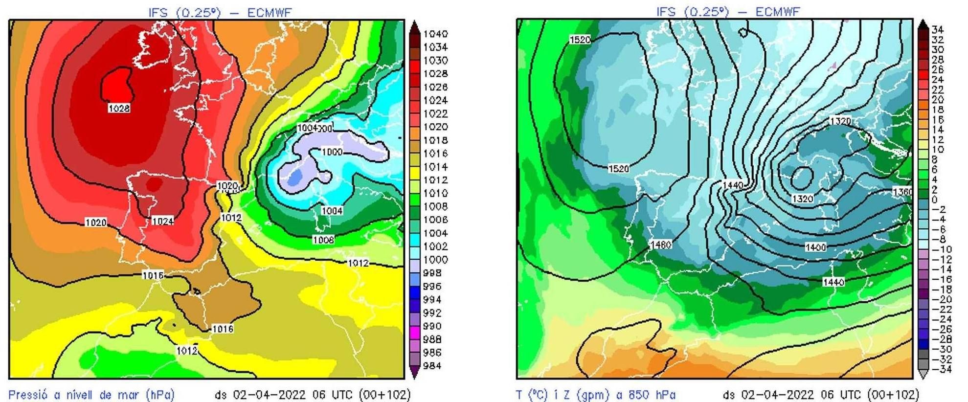 Mapes de pressió en superfície (esquerra) i de temperatura a uns 1500 metres d’altitud (dreta) previstos pel dissabte al matí