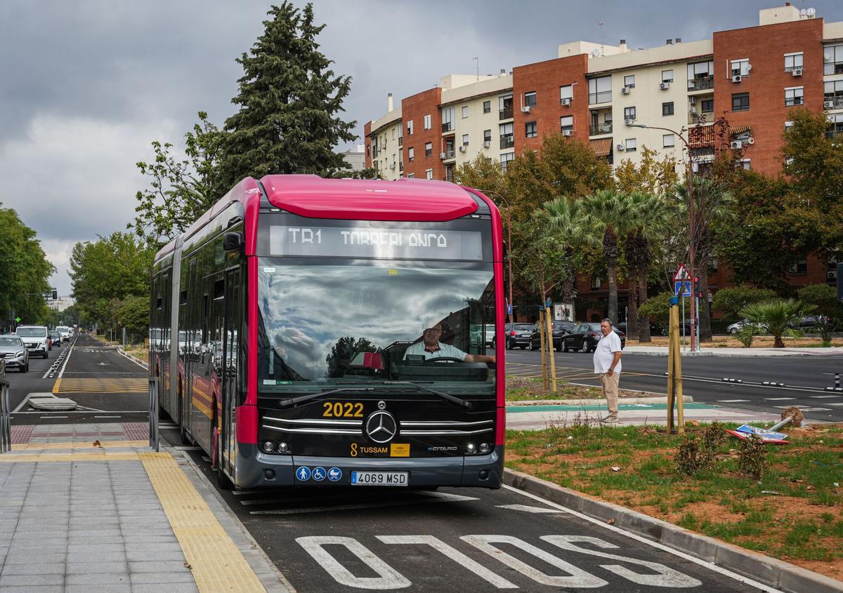 Imagen de archivo del bus de tránsito rápido (BTR) o tranvibús a su paso por Sevilla Este.