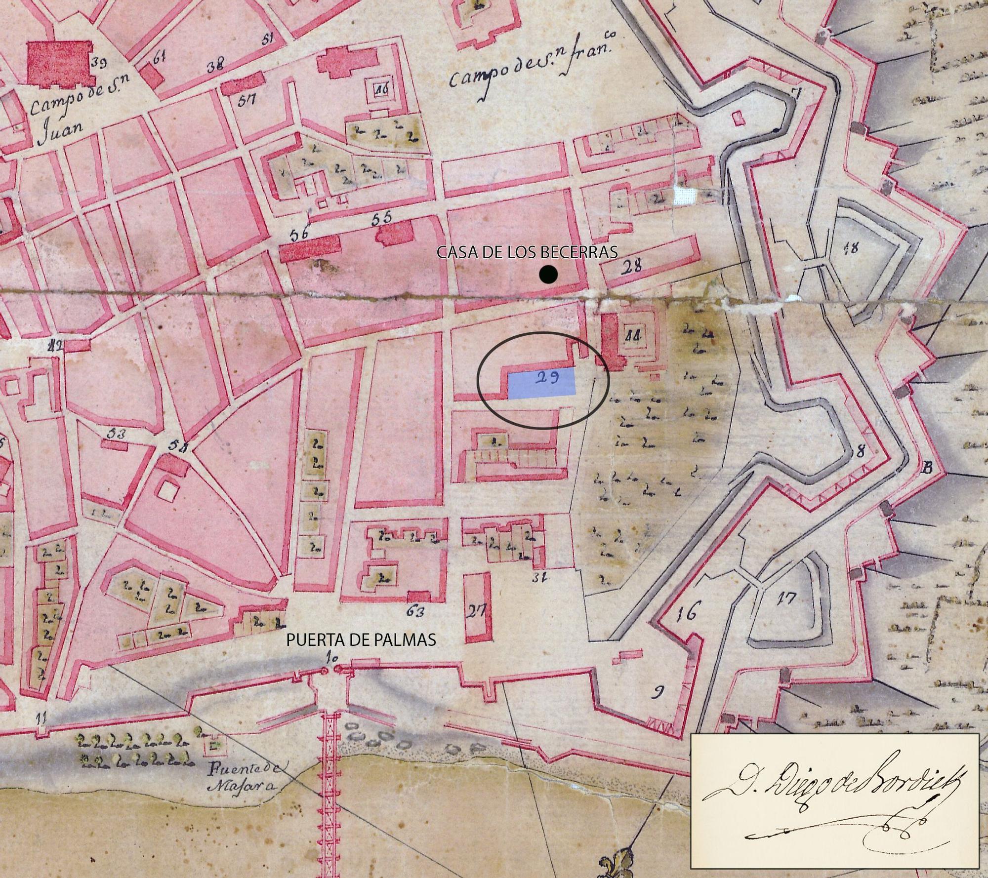 Badajoz, 1739. En el punto negro el lugar donde estuvo su casa. En el óvalo, lugar donde estuvieron sus cocheras (29).