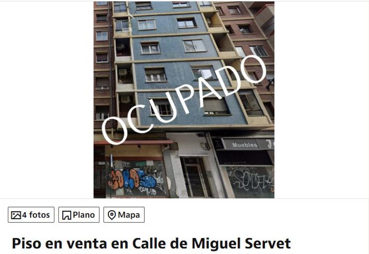 Anuncio de un piso okupado en Zaragoza, anunciado en el portal Idealista.