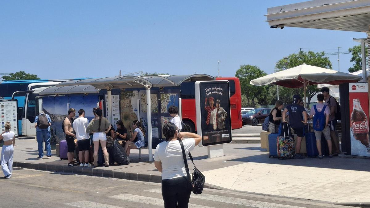 Los jóvenes turistas buscan la escasa sombra de la estación de autobuses de Xàbia