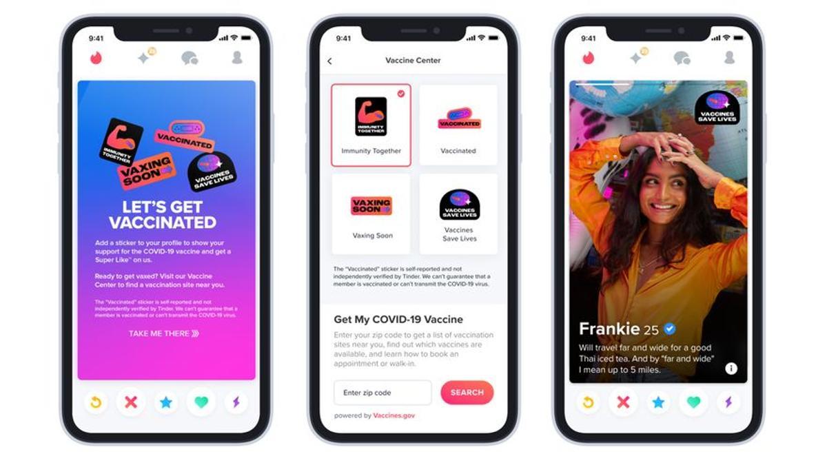Pegatinas en Tinder de 'estoy vacunado'.
