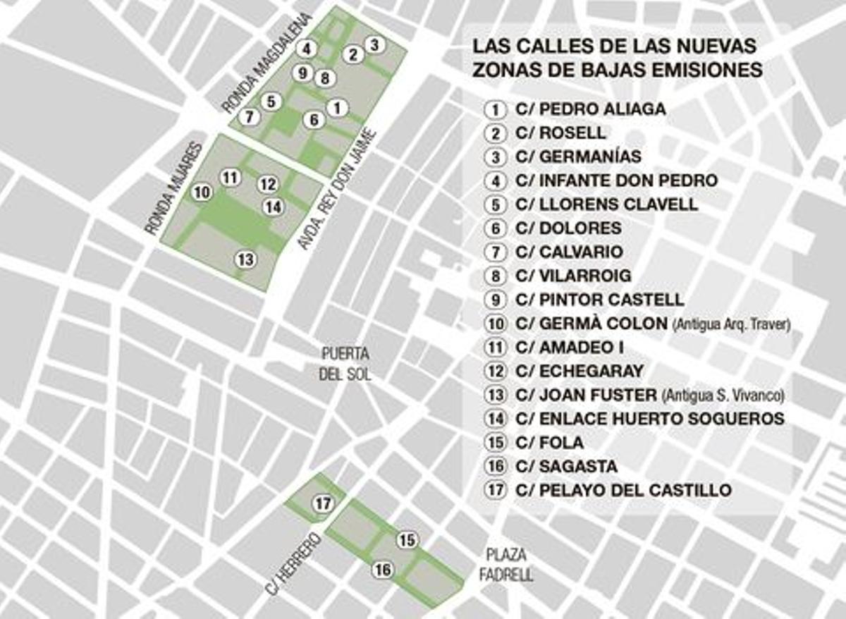 Ls 17 calles de la nueva zona de bajas emisiones de Castelló cuya redacción del proyecto y obra ha sido adjudicada a Becsa.