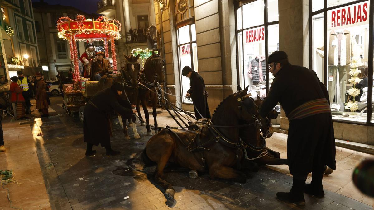 Los dos caballos de la carroza de Gaspar en el suelo en la calle Pozos.