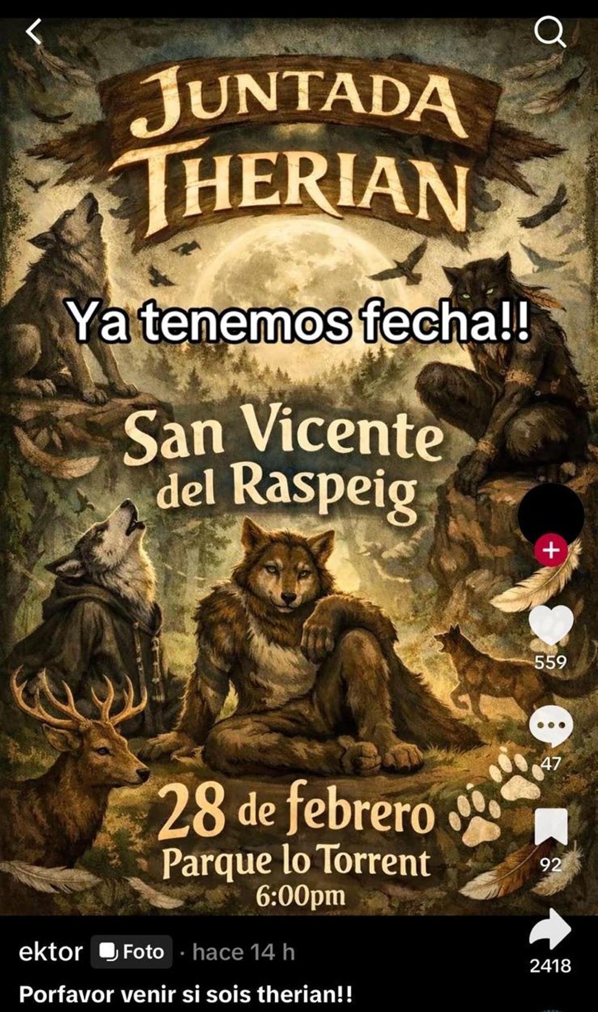 Cartel de la quedada therian en San Vicente del Raspeig convocada a través de TikTok.