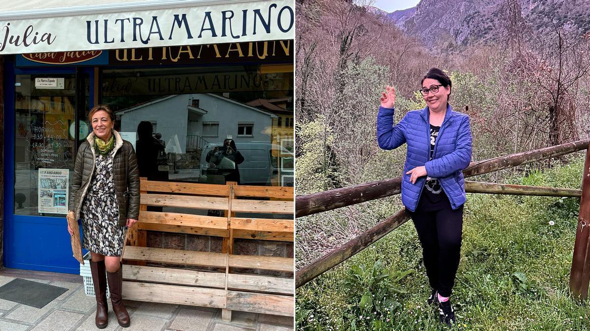 Julia Raimúndez, junto a su tienda de ultramarinos (a la izquierda) y Mihaela Nicola, en uno de los miradores de Somiedo.