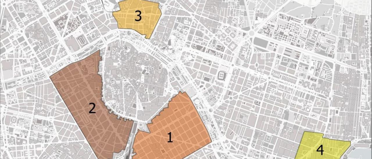 Mapa con los 4 distritos donde no se podrán dar licencias para hoteles. | LEVANTE-EMV