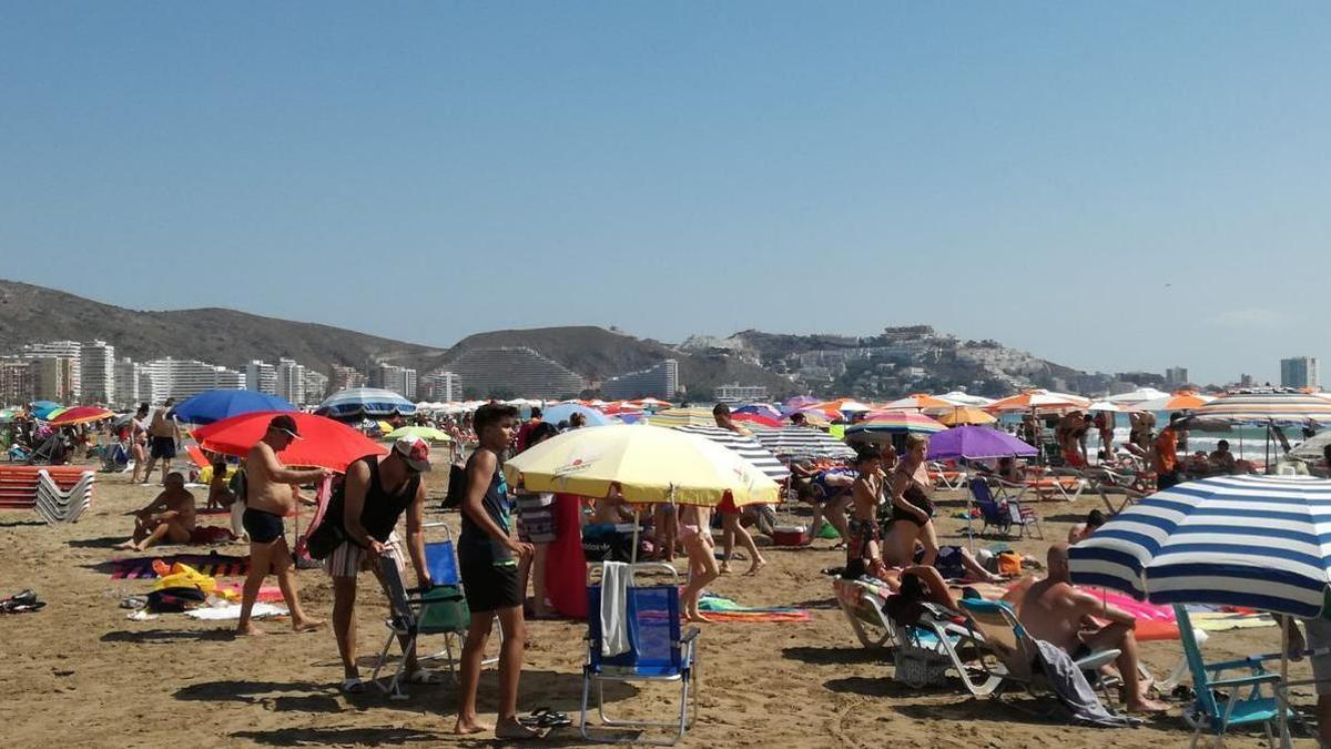 El arenal de Cullera se llena de sombrillas este mes de agosto.