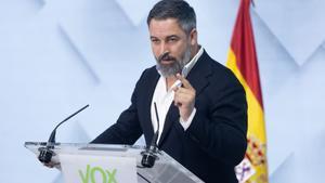 El líder de Vox, Santiago Abascal, durante una rueda de prensa posterior al Comité de Acción Política del partido, en la sede de VOX, a 8 de julio de 2024, en Madrid (España).