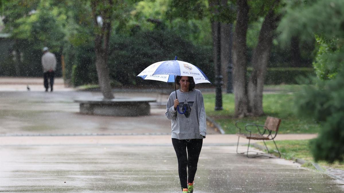 Una mujer pasea balo la lluvia en el Parque de El Retiro de Madrid.