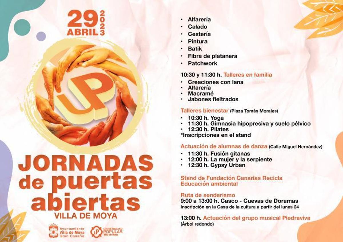 Cartel de las actividades que se realizarán en la jornada de puertas abiertas de la Universidad Popular.