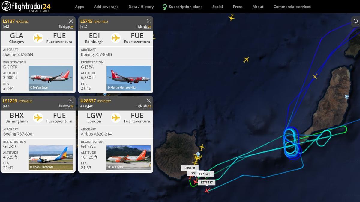 Trayectoria de cuatro de los cinco aviones desviados en Fuerteventura.