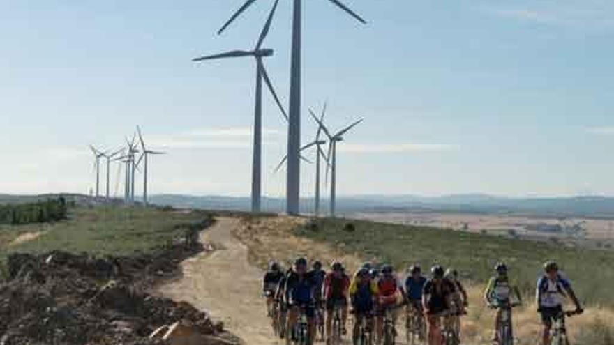 Un grupo de ciclistas pasa junto a un parque eólico de la provincia.