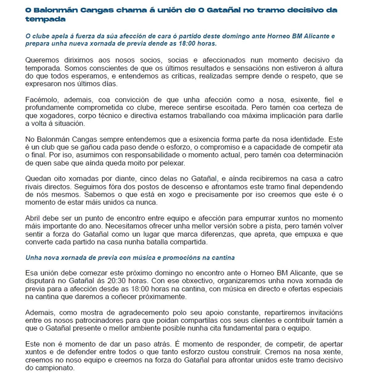 El texto íntegro del comunicado oficial del Balonmán Cangas-Frigoríficos del Morrazo.