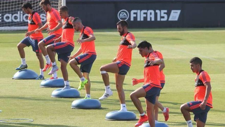 Los jugadores durante un ejercicio de equilibrio sobre el &quot;bosu&quot;.