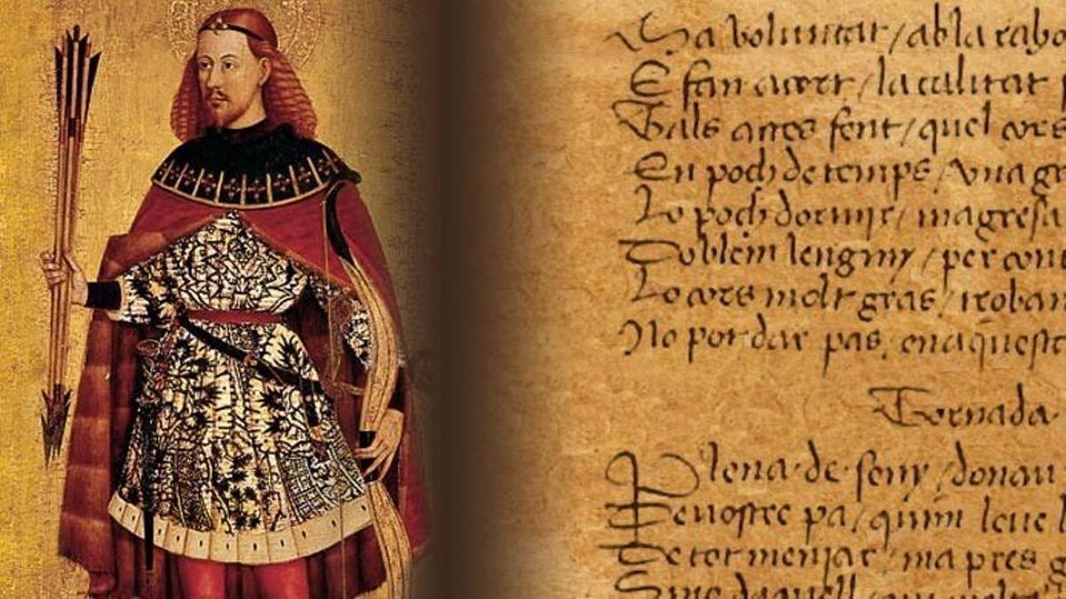 ‘Taula de Sant Sebastià’ del s. XV de la Col·legiata de Xàtiva, obra de Jacomart, que per interpretació errònia ha passat a la història com un retrat d’Ausiàs March, junt amb versos del poeta.