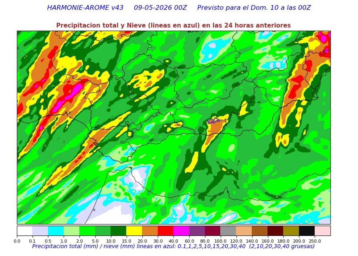 Precipitaciones previstas hoy sábado, 9 de mayo, en Andalucía.