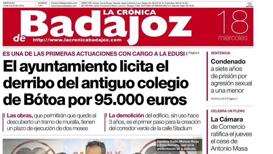 Esta es la portada de LA CRÓNICA DE BADAJOZ correspondiente al día 18 de julio del 2018