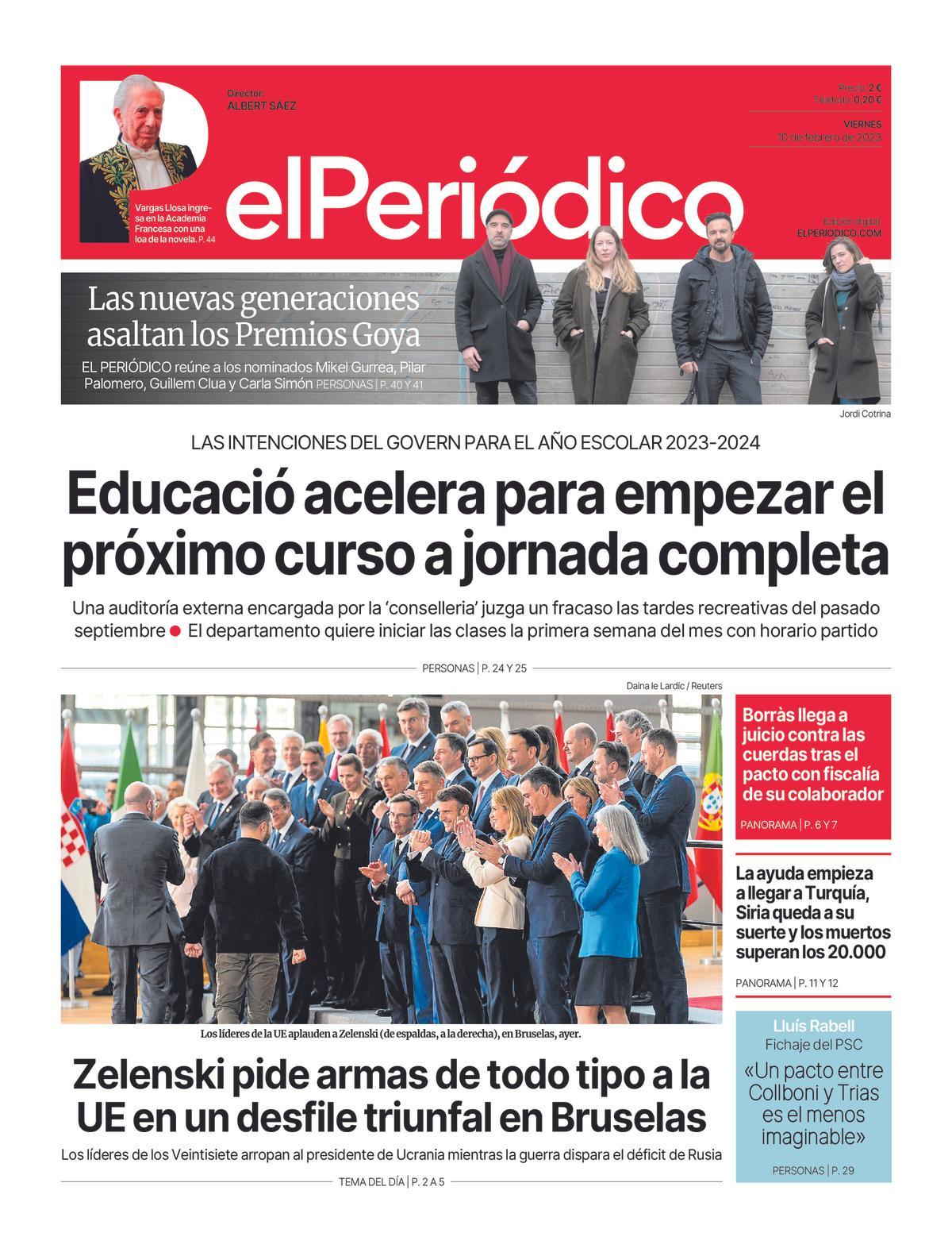 La portada d’EL PERIÓDICO del 10 de febrer del 2023