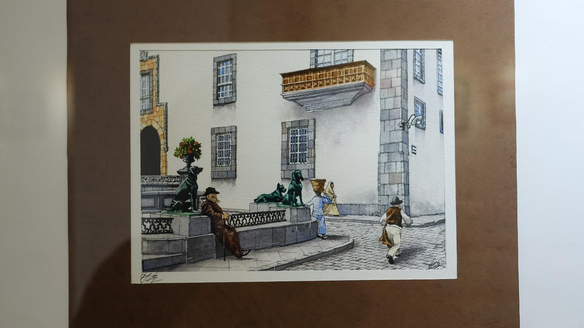 Un dibujo basado en una fotografía antigua de la Plaza de Santa Ana, en la ciudad de Las Palmas de Gran Canaria.