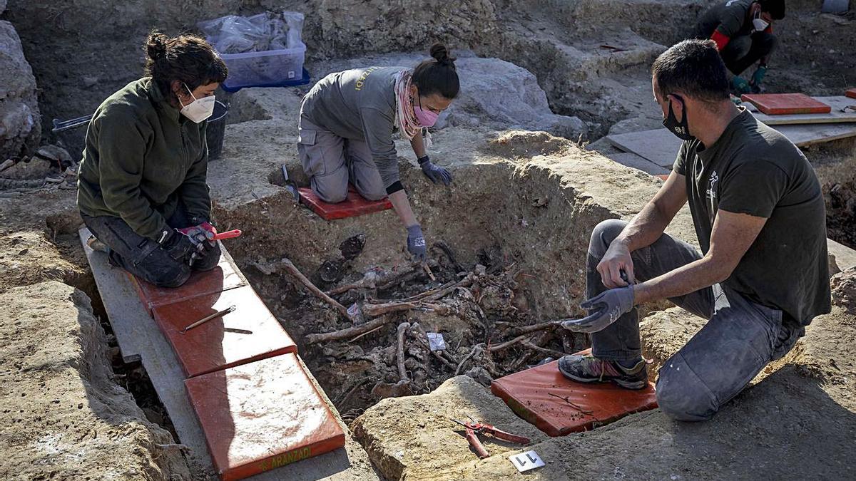 El equipo técnico de Aranzadi, en pleno proceso de excavación.  6 Uno de los restos, clave para conocer qué sucedió.