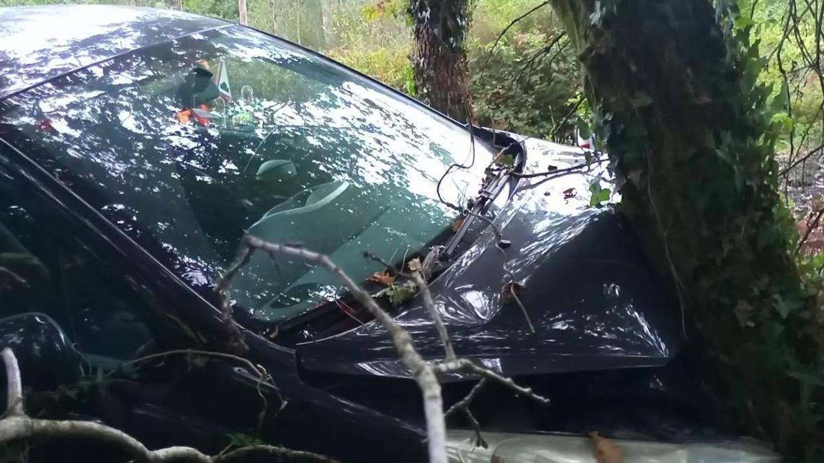 El coche empotrado contra el árbol.