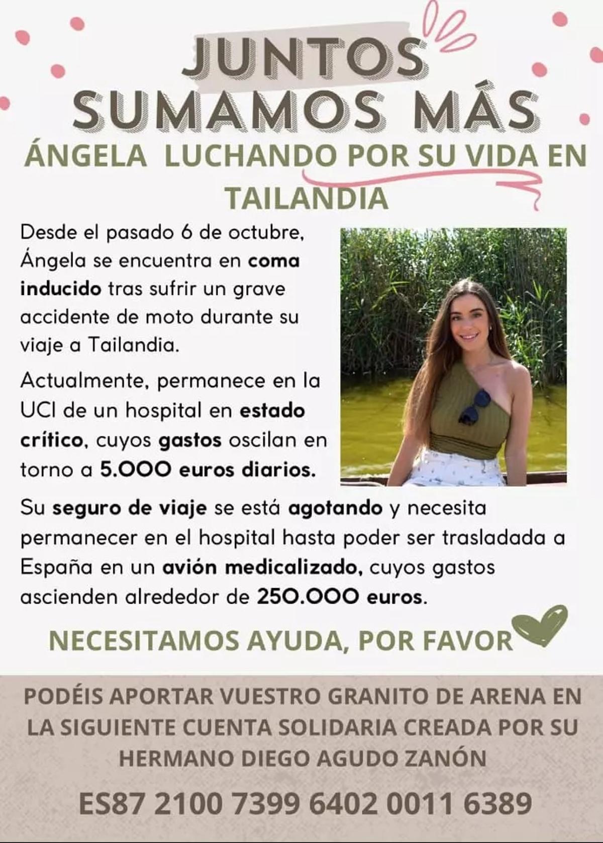 Cartel pidiendo ayuda y colaboración para intentar salvar la vida de Ángela, hospitalizada en Tailandia.
