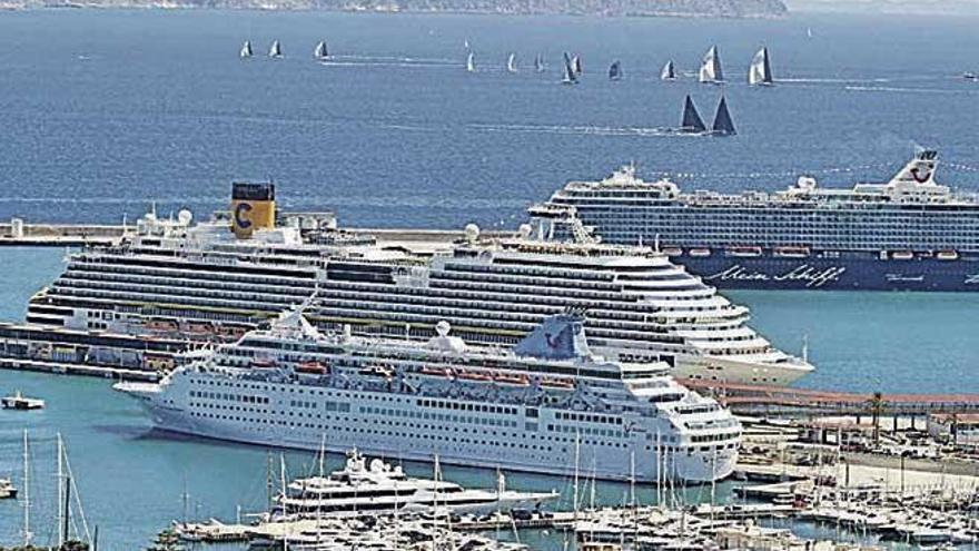 Drei große Kreuzfahrtschiffe im Hafen von Palma de Mallorca.